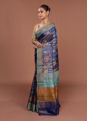 Blue Handloom Tussar Silk Saree With Blouse Piece