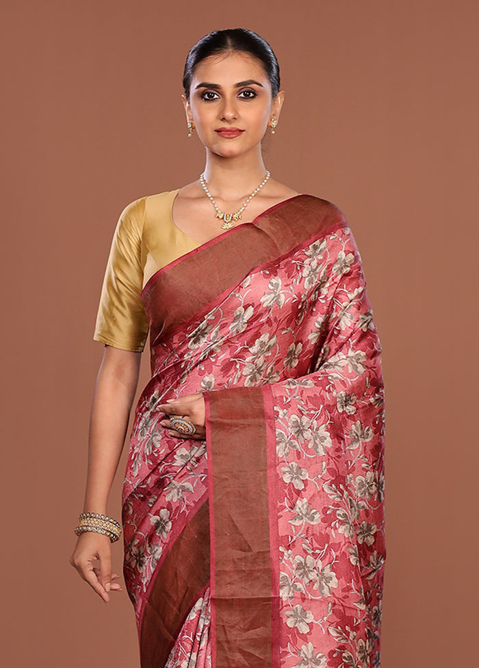 Pink Handloom Tussar Silk Saree With Blouse Piece
