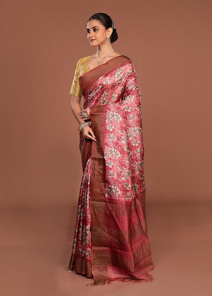 Pink Handloom Tussar Silk Saree With Blouse Piece
