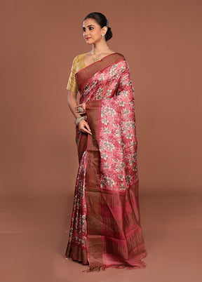 Pink Handloom Tussar Silk Saree With Blouse Piece