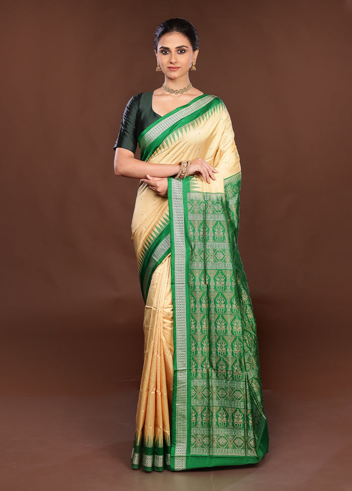Cream Handloom Bomkai Pure Silk Saree With Blouse Piece