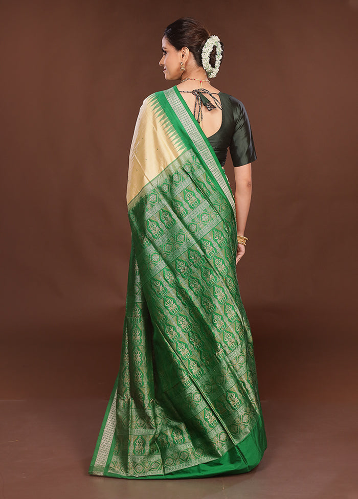 Cream Handloom Bomkai Pure Silk Saree With Blouse Piece