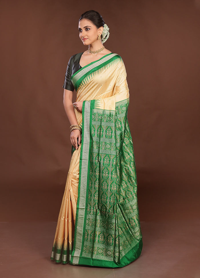 Cream Handloom Bomkai Pure Silk Saree With Blouse Piece