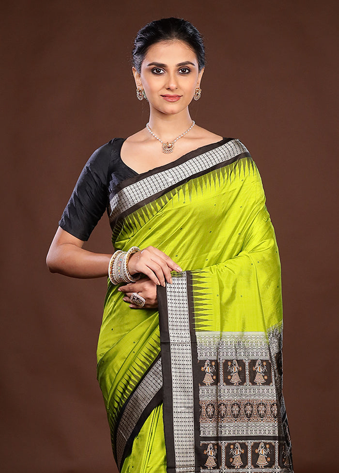 Green Handloom Bomkai Pure Silk Saree With Blouse Piece