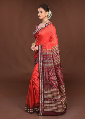 Red Handloom Bomkai Pure Silk Saree With Blouse Piece