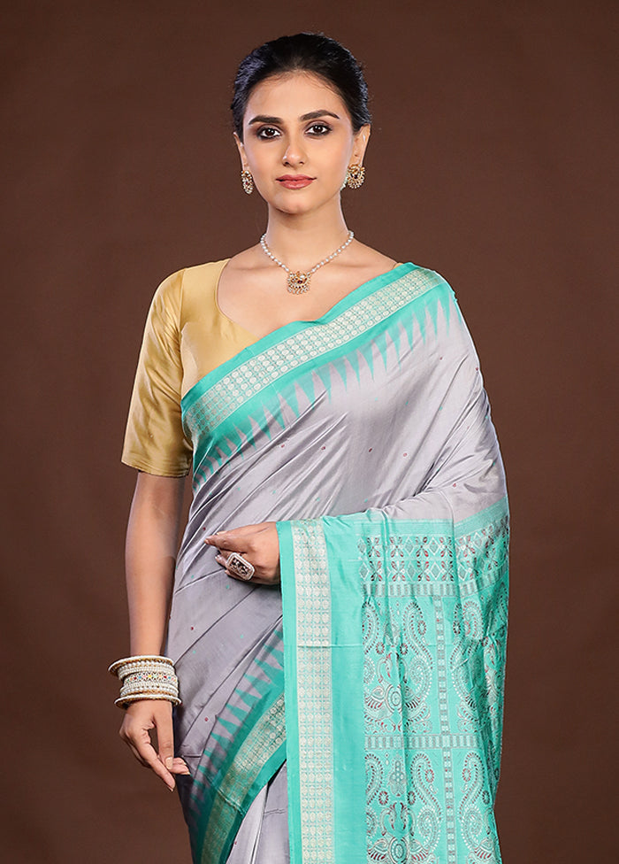 Grey Handloom Bomkai Pure Silk Saree With Blouse Piece