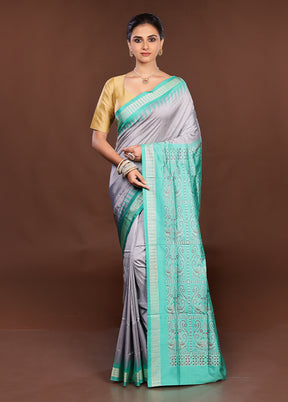 Grey Handloom Bomkai Pure Silk Saree With Blouse Piece