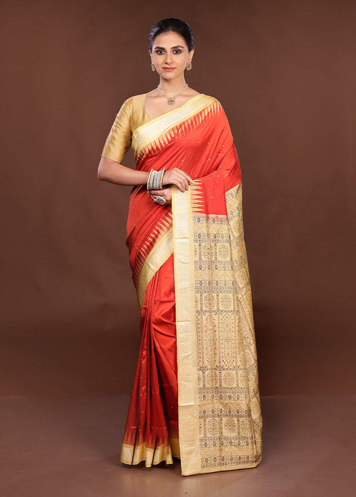 Red Handloom Bomkai Pure Silk Saree With Blouse Piece