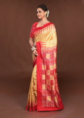 Cream Handloom Bomkai Pure Silk Saree With Blouse Piece