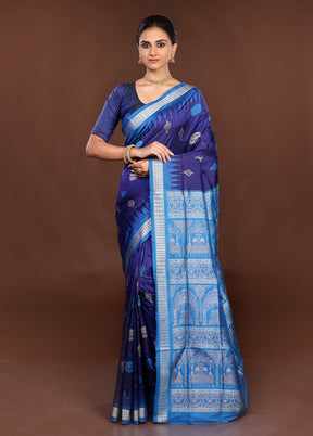 Blue Handloom Bomkai Pure Silk Saree With Blouse Piece