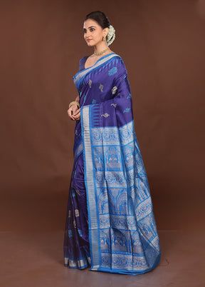 Blue Handloom Bomkai Pure Silk Saree With Blouse Piece