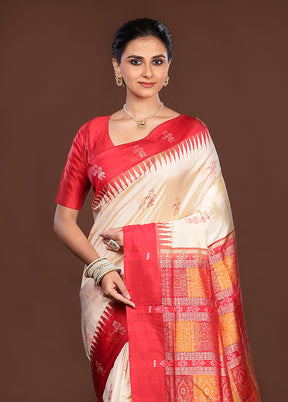 Cream Handloom Bomkai Pure Silk Saree With Blouse Piece