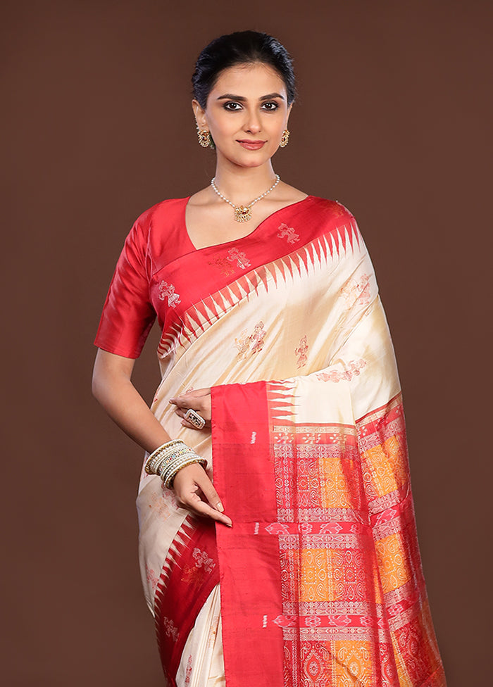 Cream Handloom Bomkai Pure Silk Saree With Blouse Piece