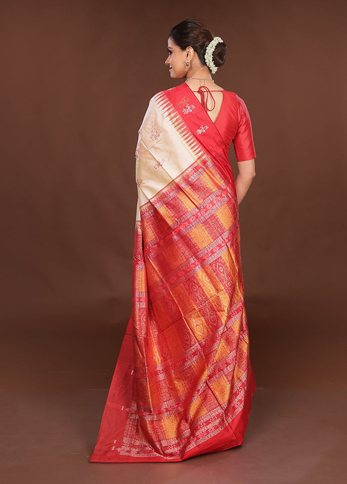 Cream Handloom Bomkai Pure Silk Saree With Blouse Piece