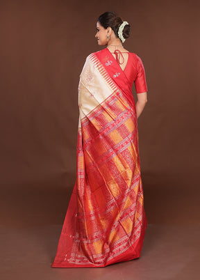 Cream Handloom Bomkai Pure Silk Saree With Blouse Piece