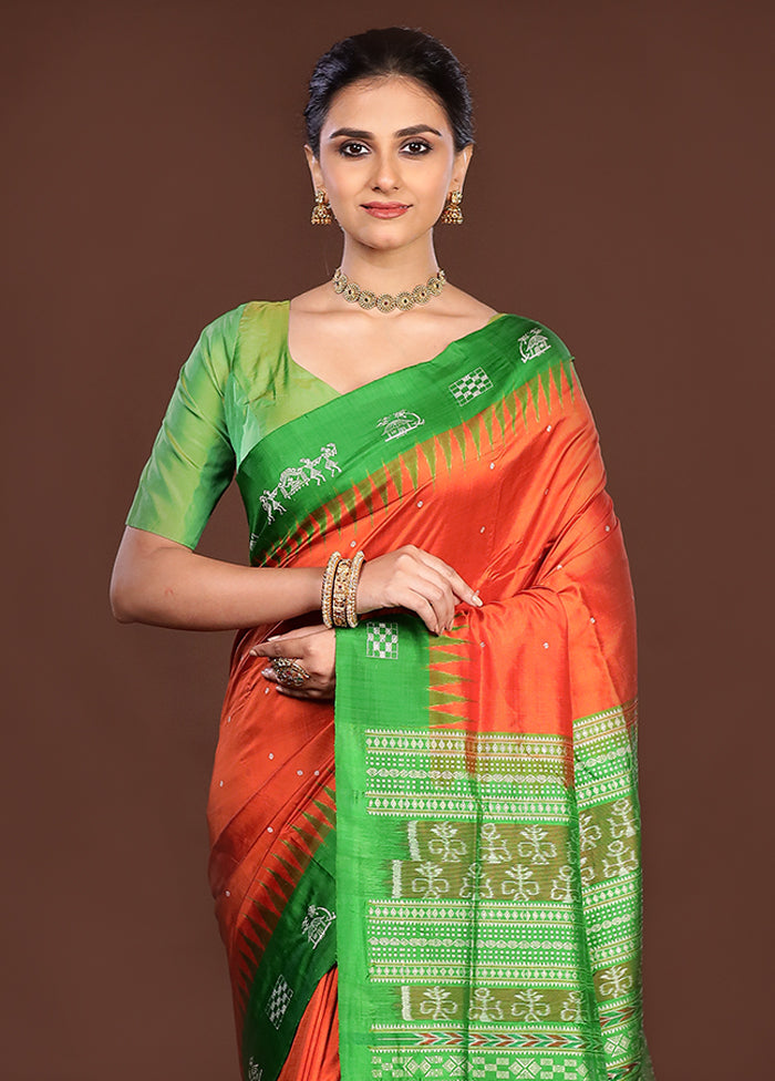 Orange Handloom Bomkai Pure Silk Saree With Blouse Piece