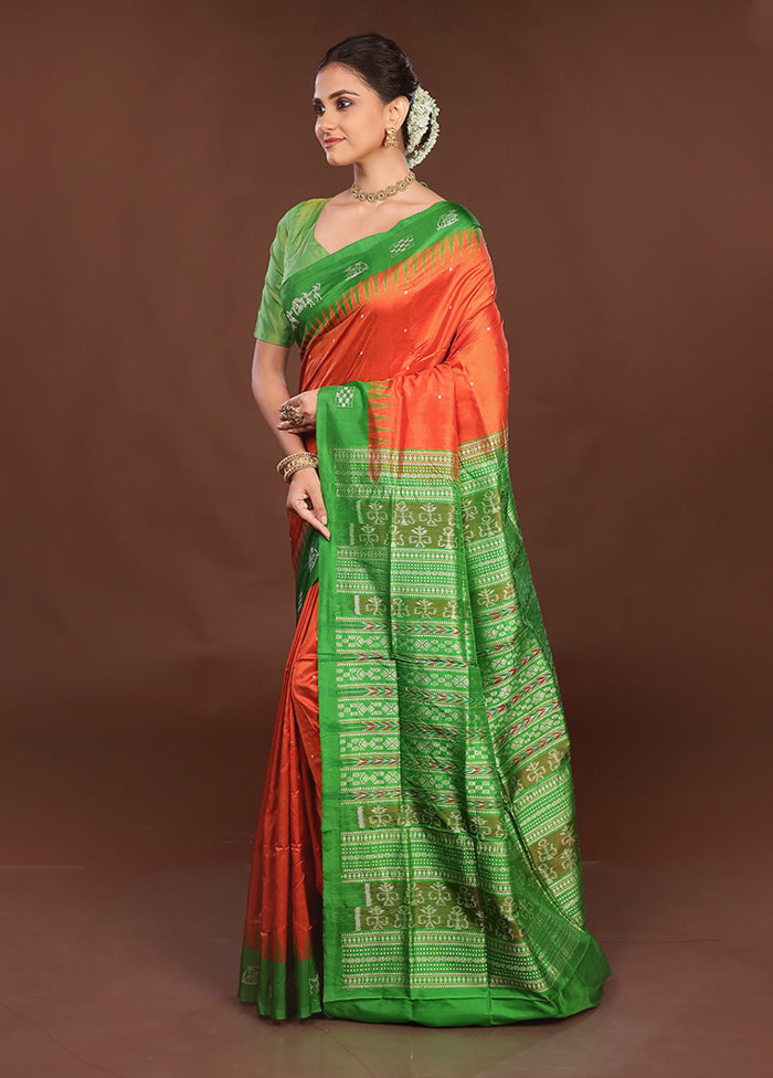 Orange Handloom Bomkai Pure Silk Saree With Blouse Piece