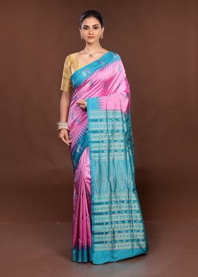 Pink Handloom Bomkai Pure Silk Saree With Blouse Piece