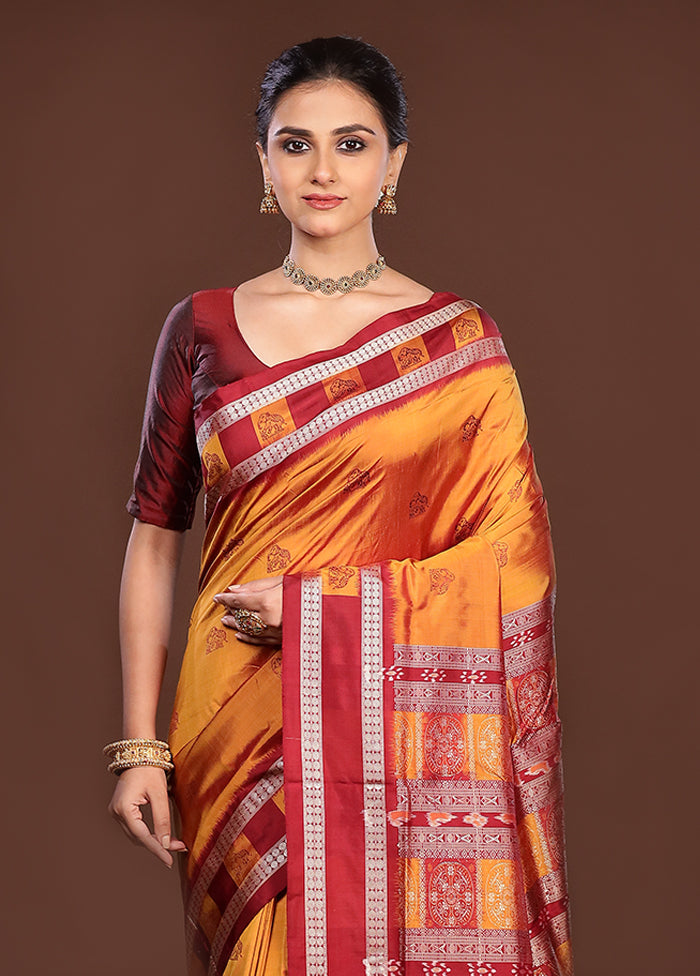 Yellow Handloom Bomkai Pure Silk Saree With Blouse Piece