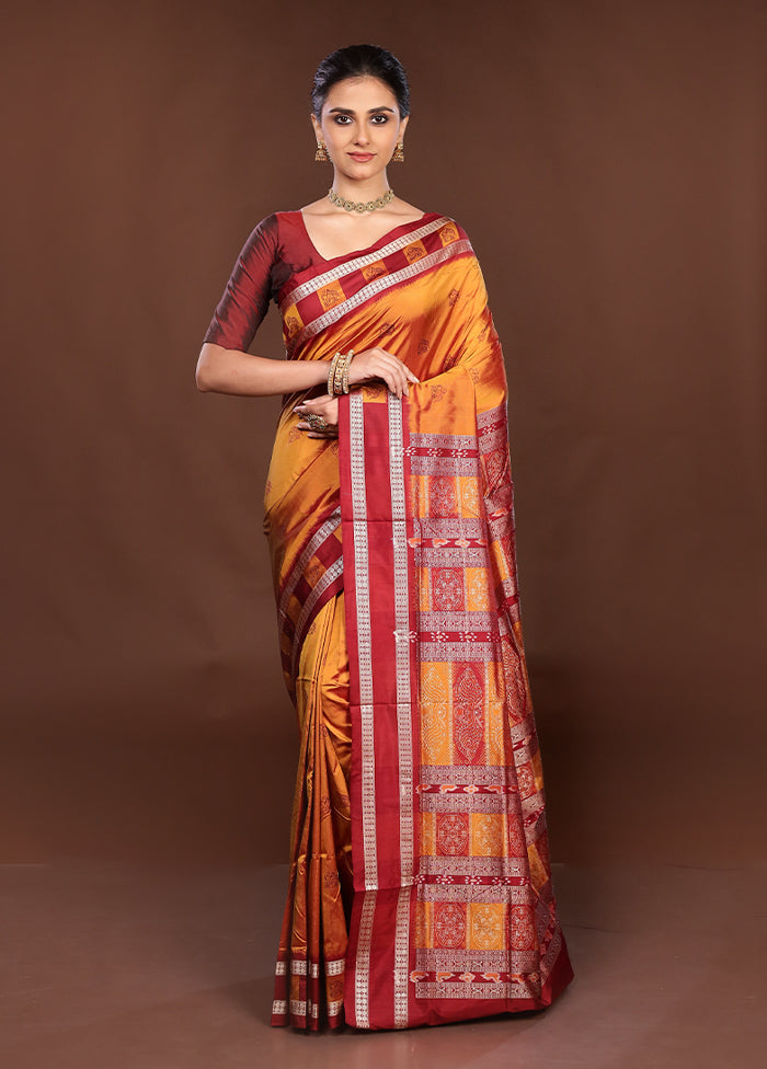 Yellow Handloom Bomkai Pure Silk Saree With Blouse Piece