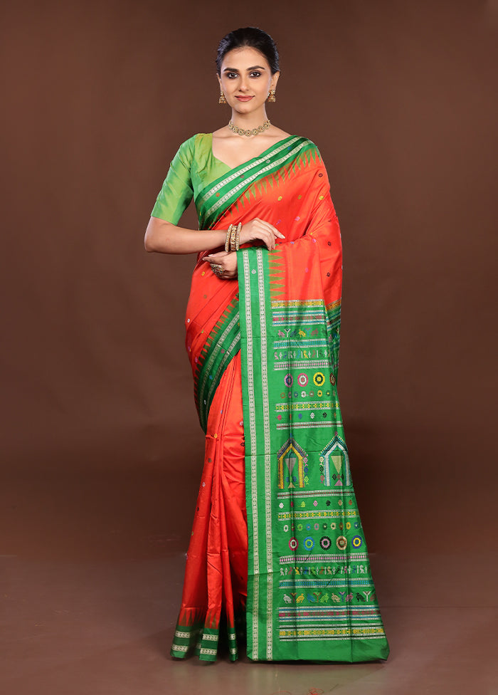 Red Handloom Bomkai Pure Silk Saree With Blouse Piece