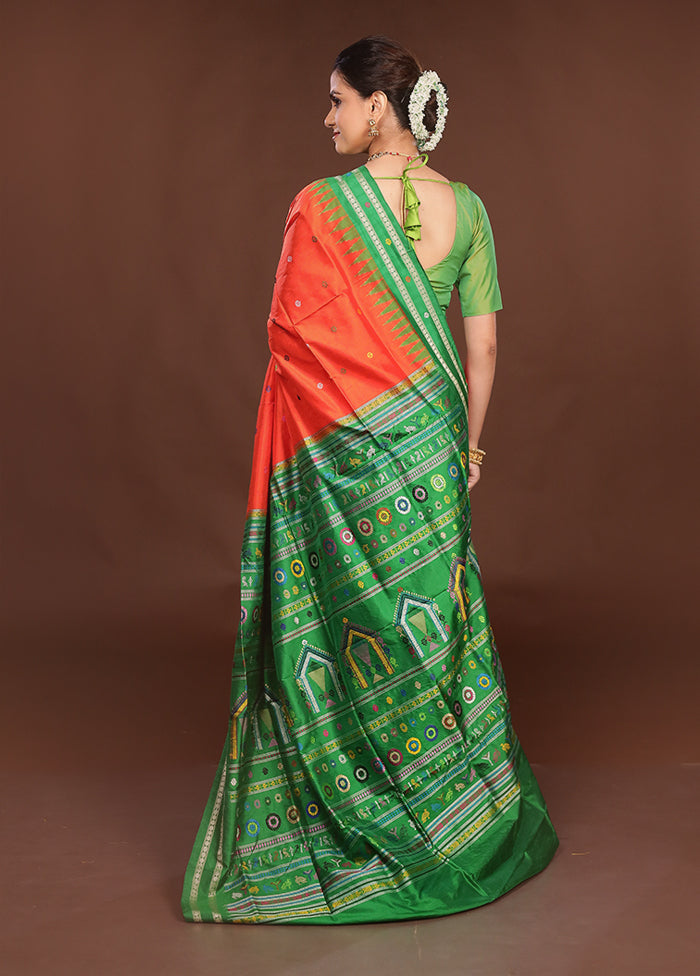 Red Handloom Bomkai Pure Silk Saree With Blouse Piece