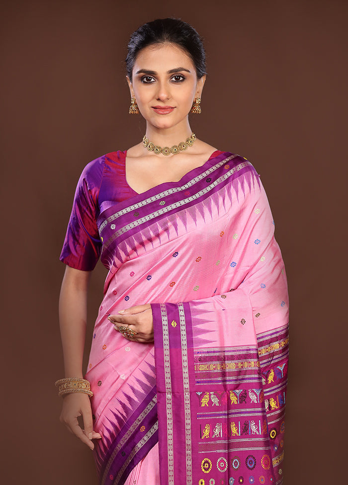Pink Handloom Bomkai Pure Silk Saree With Blouse Piece