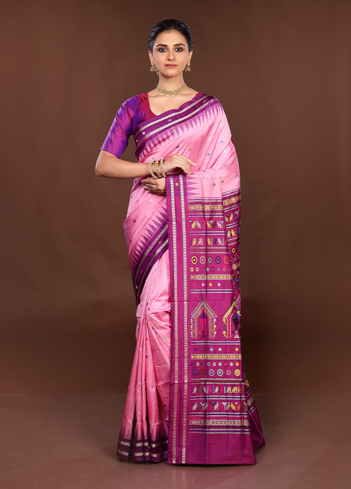 Pink Handloom Bomkai Pure Silk Saree With Blouse Piece