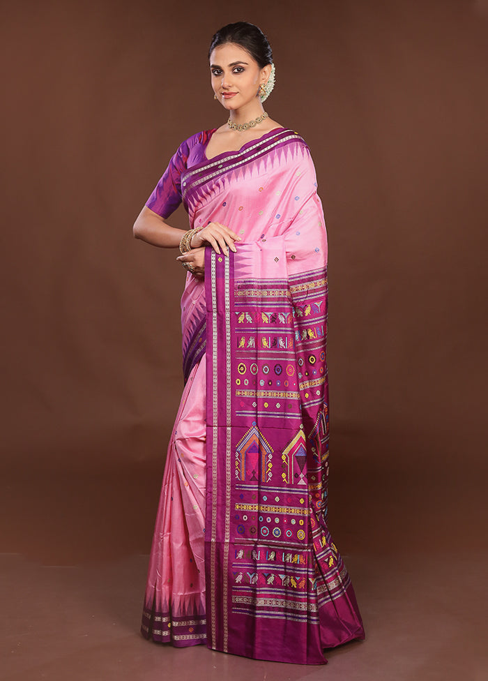 Pink Handloom Bomkai Pure Silk Saree With Blouse Piece