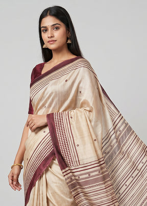 Cream Handloom Tussar Pure Silk Saree With Blouse Piece