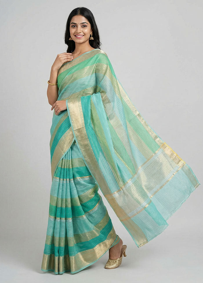 Blue Handloom Kora Pure Silk Saree With Blouse Piece