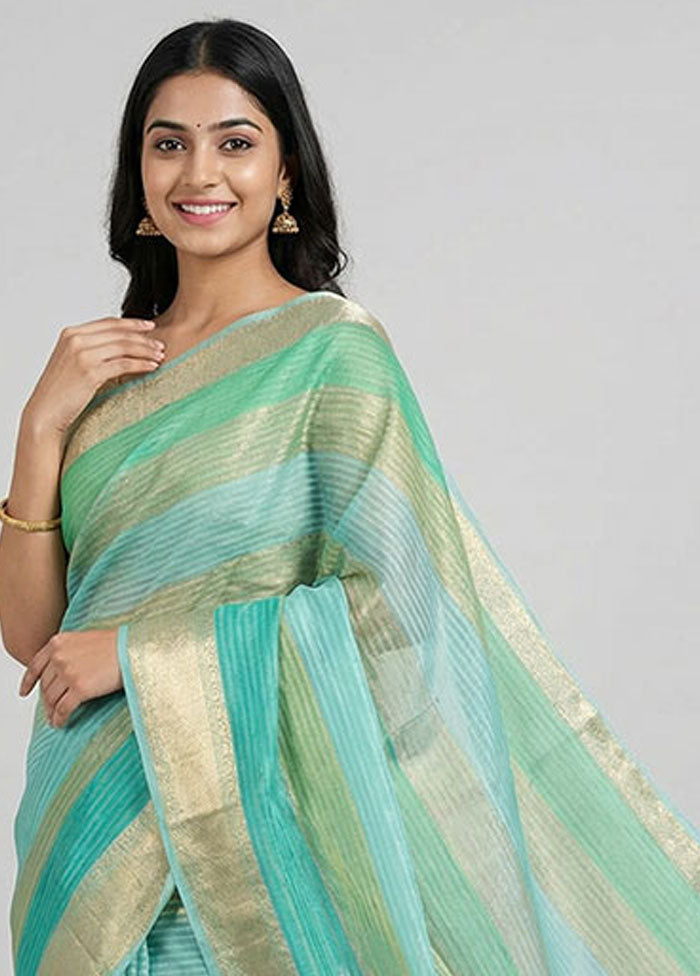Blue Handloom Kora Pure Silk Saree With Blouse Piece