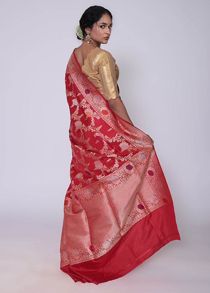 Red Handloom Katan Pure Silk Saree With Blouse Piece