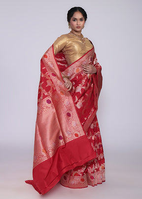 Red Handloom Katan Pure Silk Saree With Blouse Piece