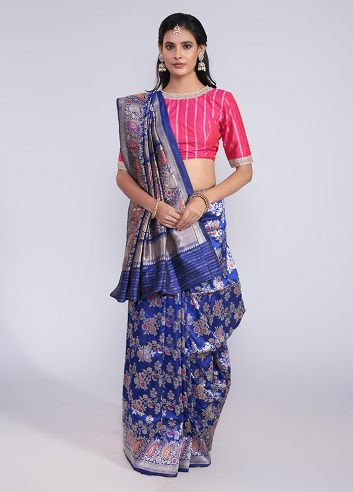 Blue Handloom Katan Pure Silk Saree With Blouse Piece