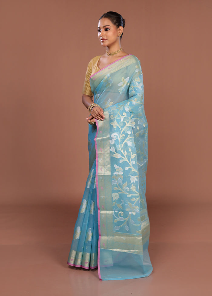 Blue Organza Saree With Blouse Piece