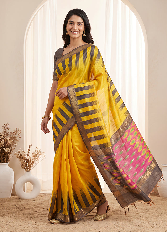 Yellow Handloom Kanjivaram Pure Silk Saree With Blouse Piece