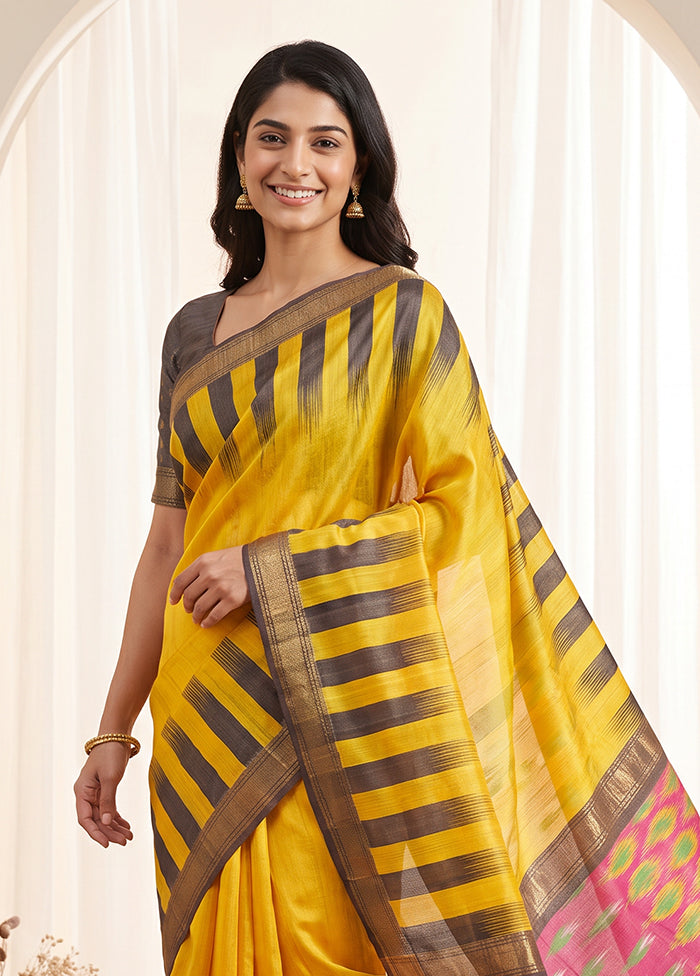 Yellow Handloom Kanjivaram Pure Silk Saree With Blouse Piece