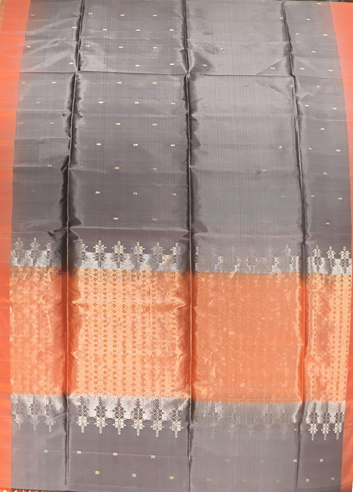 Grey Handloom Kanchipuram Pure Silk Saree With Blouse Piece