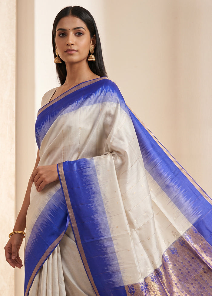 Cream Handloom Kanchipuram Pure Silk Saree With Blouse Piece
