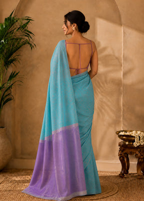 Blue Handloom Kanjivaram Pure Silk Saree With Blouse Piece