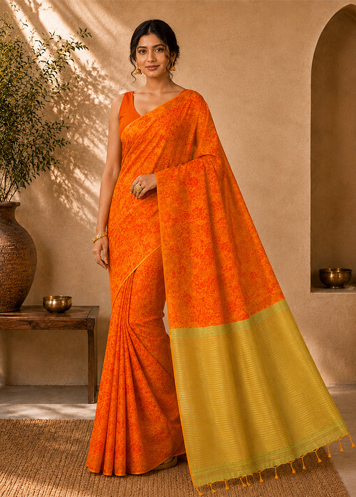 Orange Handloom Kanjivaram Pure Silk Saree With Blouse Piece