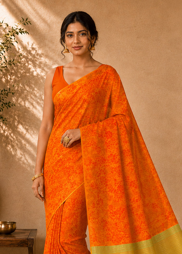 Orange Handloom Kanjivaram Pure Silk Saree With Blouse Piece