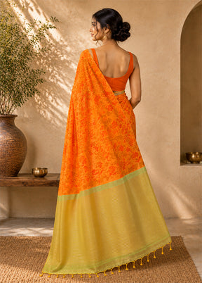 Orange Handloom Kanjivaram Pure Silk Saree With Blouse Piece