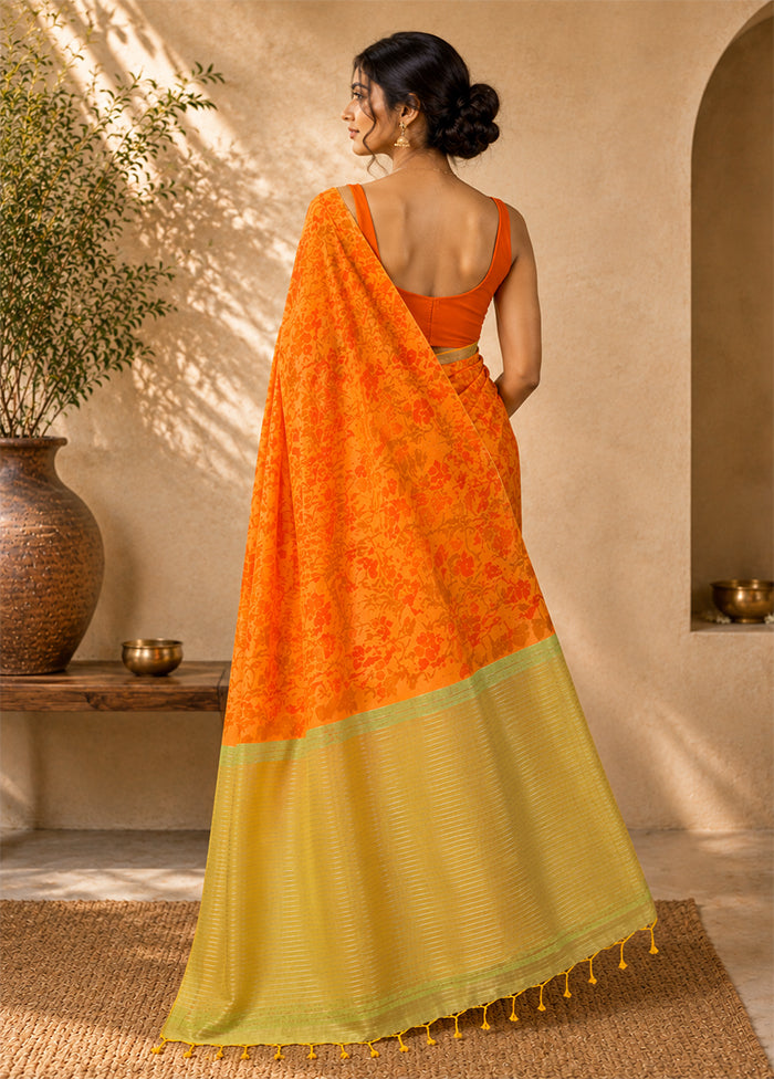 Orange Handloom Kanjivaram Pure Silk Saree With Blouse Piece