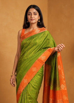 Green Handloom Kanjivaram Pure Silk Saree With Blouse Piece
