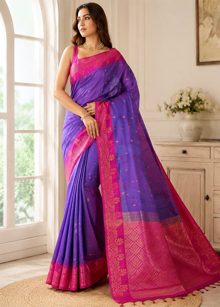 Purple Handloom Kanjivaram Pure Silk Saree With Blouse Piece