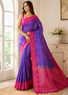 Purple Handloom Kanjivaram Pure Silk Saree With Blouse Piece