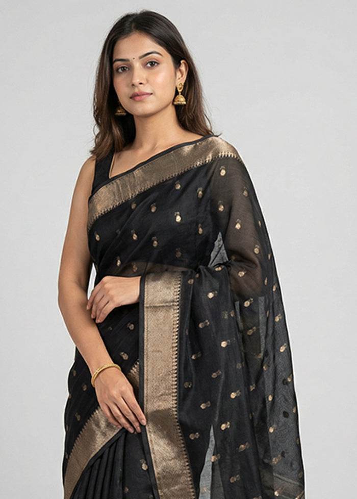Black Kora Silk Saree With Blouse Piece