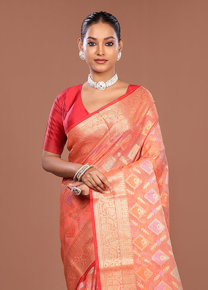 Peach Cotton Saree With Blouse Piece